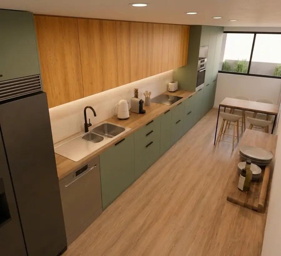 Diseño 3D de la cocina verde y roble
